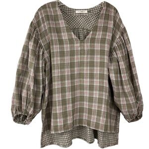 Mustard Seed Olive Plaid V-Neck Blouse M